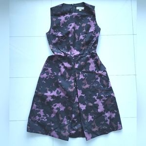 Burberry London A line dress in purple, black and brown abstract floral print.